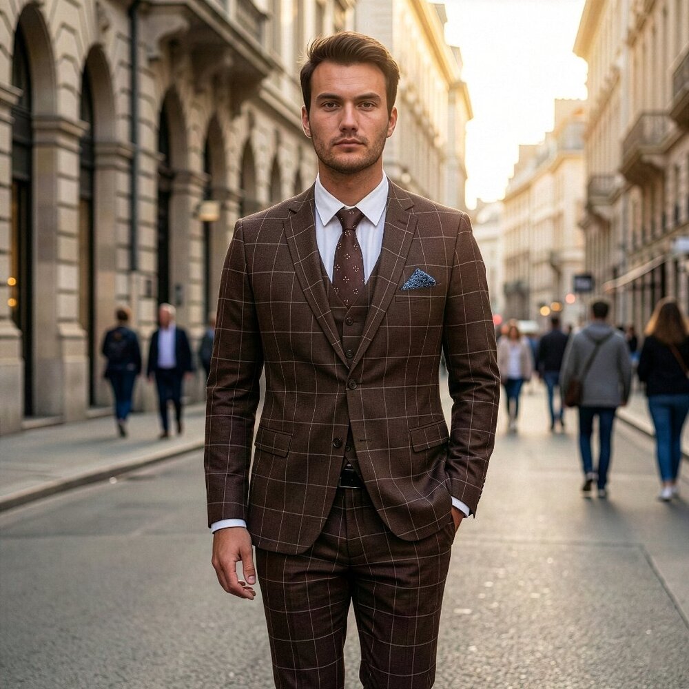 New 2026 Mens 3pc Windowpane Brown Suit Set, Hybrid Fit (H2)